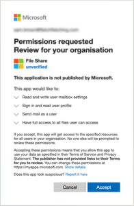 Example of permissions window to grant access to apps