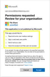 Example of permissions window to grant access to apps with items highlighted